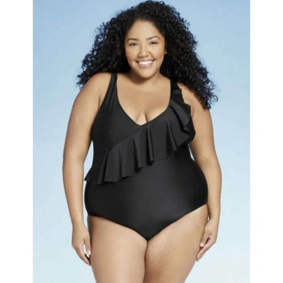 Kona Sol‎ Swim Women Black Size 16W Ruffle One Piece Swimsuit NWT - Picture 1 of 6
